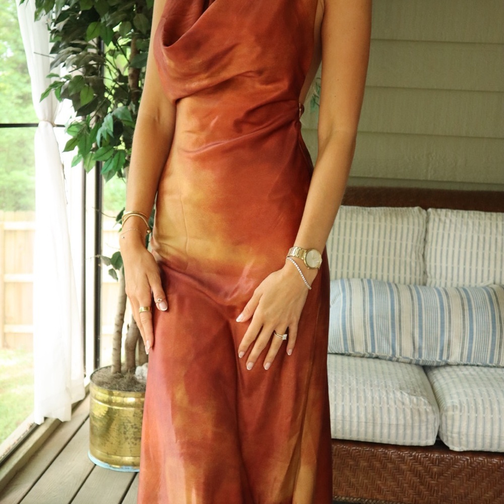 Women's Rust Ombre Satin Cowl Neck Slip Dress